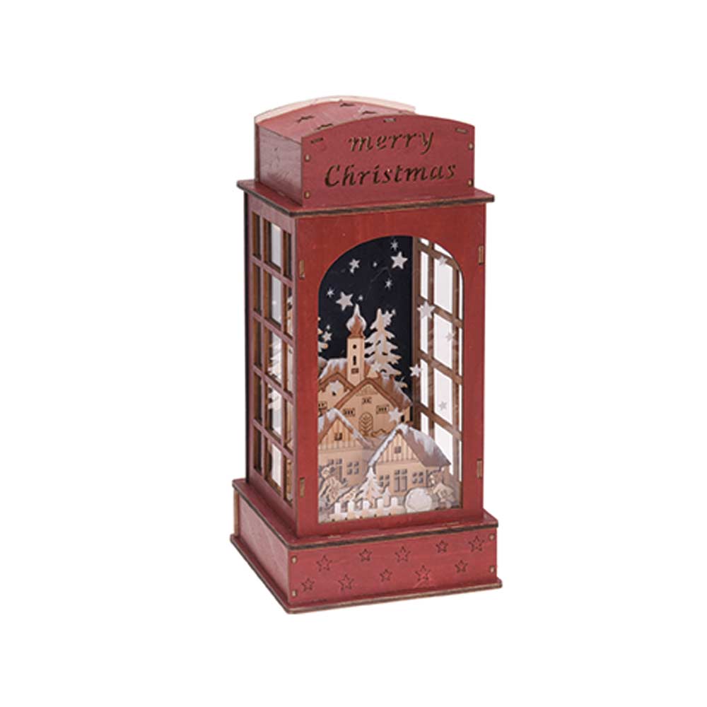 Wooden Lantern with Illuminated Village