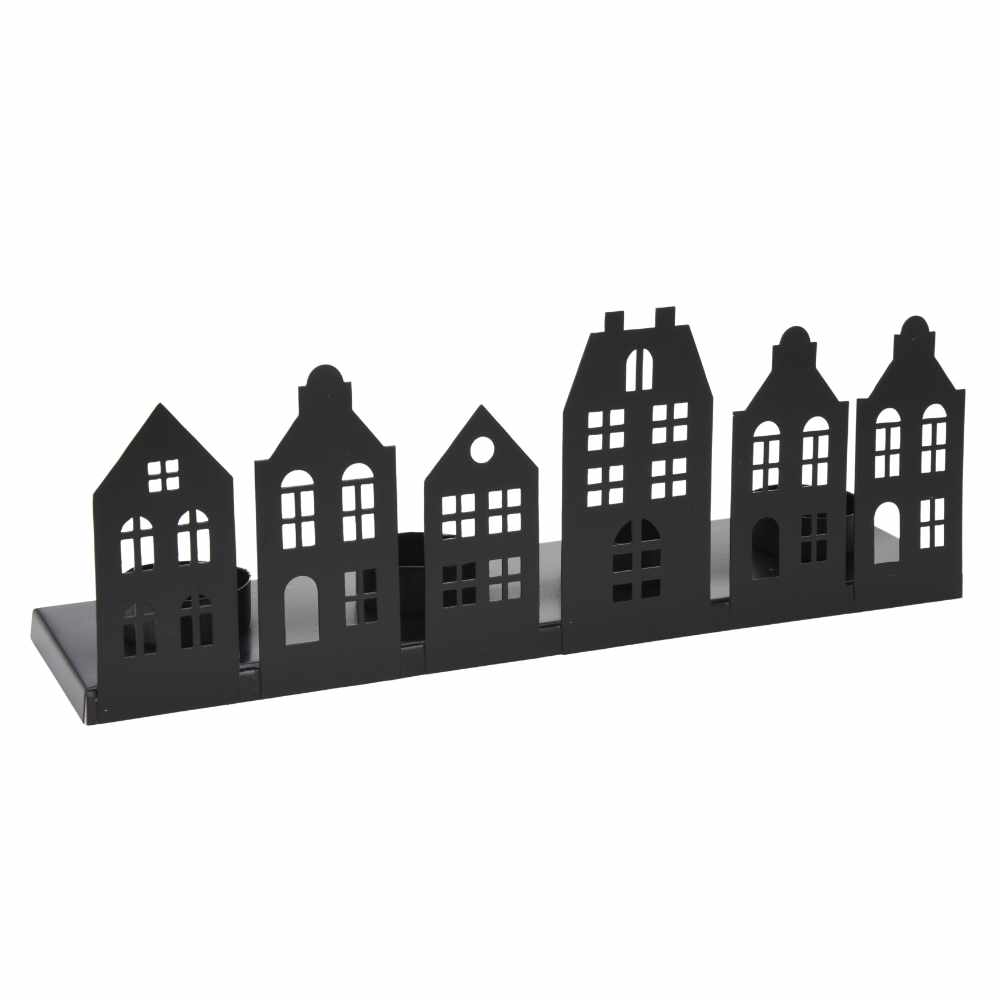 White Metal Candle Holder with Dutch House Silhouettes