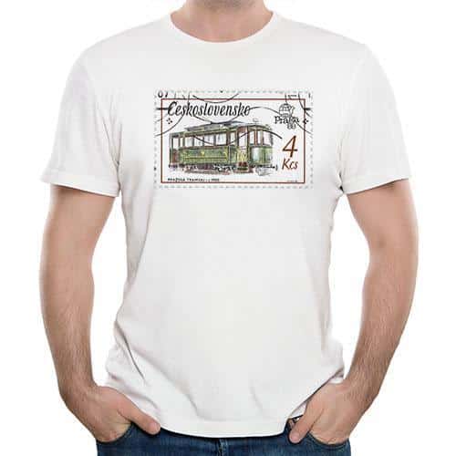 Retro T-shirt with Prague Tram Stamp Print