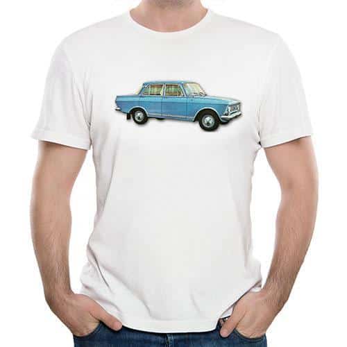 Retro T-shirt with Blue Moskvich 412 Car Print