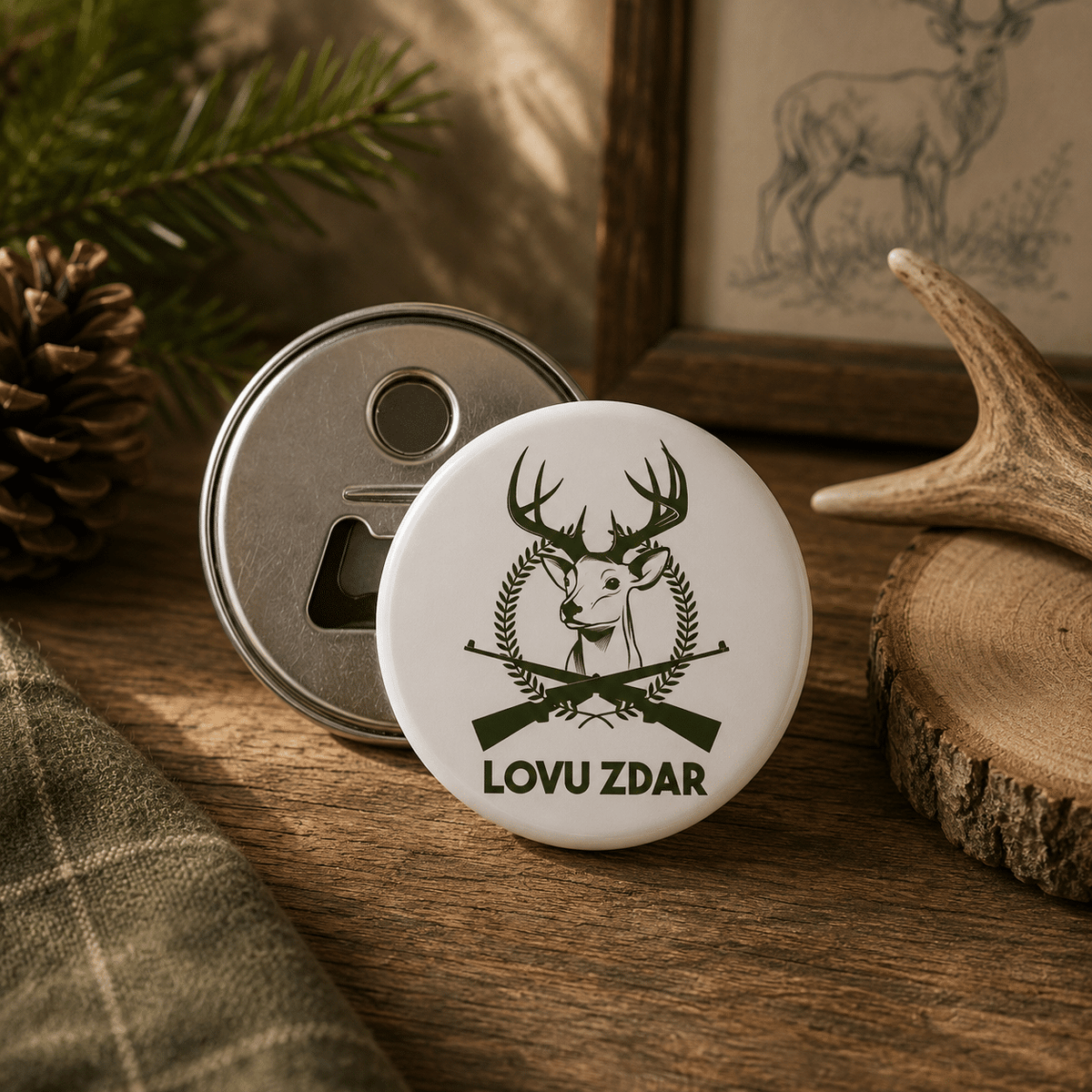 Hunter Button Badge with Bottle Opener and Magnet, 55 mm