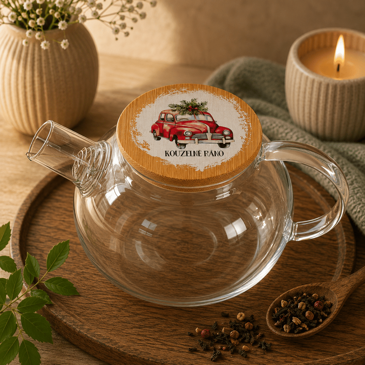 1 L Glass Tea Pot with Christmas Car and “Magical Morning” Print