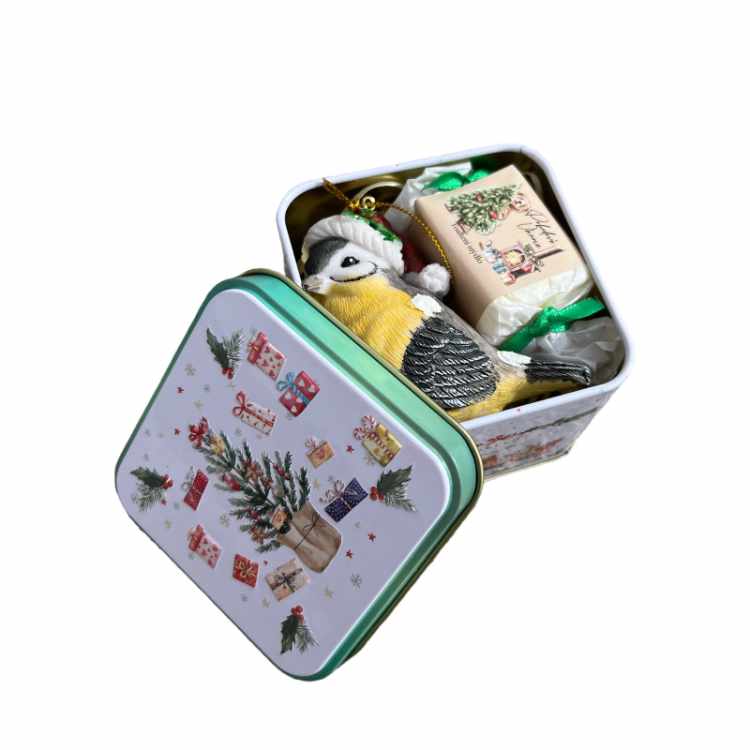 Christmas Gift Tin Box with Angel Ornament