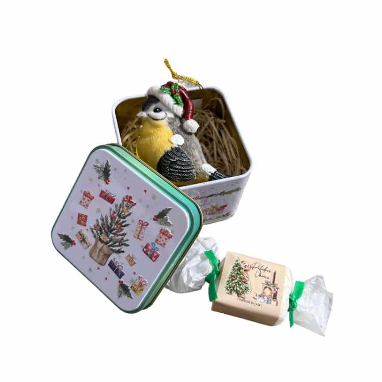 Christmas Gift Tin Box with Angel Ornament
