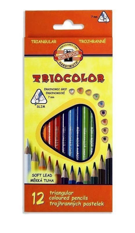 Koh-i-noor pastelky TRIOCOLOR trojhranné tenké měkká tuha souprava 12 ks v papírové krabičce