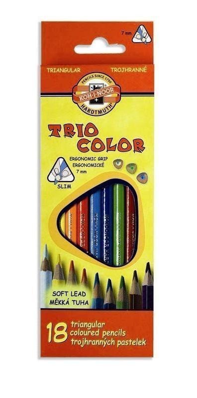 Koh-i-noor pastelky TRIOCOLOR trojhranné tenké měkká tuha souprava 18 ks v papírové krabičce