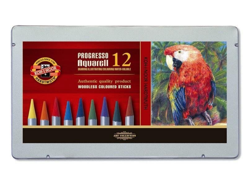 Koh-i-noor pastelky PROGRESSO akvarelové souprava 12 ks v plechové krabičce