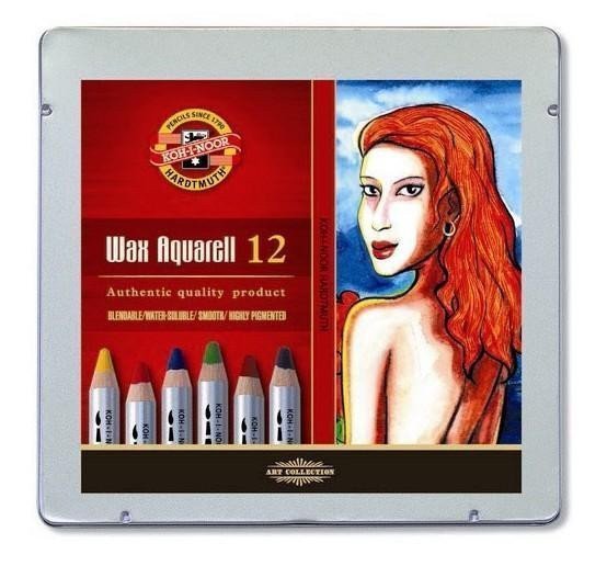 Koh-i-noor pastelky WAX AQUARELL souprava 12 ks doplněná o štětec ořezávátko a grafitovou tužku v plechové lrabičce