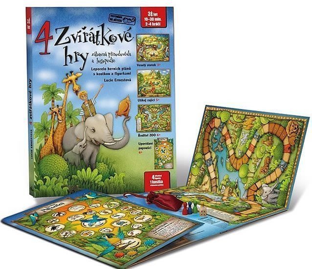 4 zvířátkové hry - Leporelo herních plánů s kostkou a figurkami pro zábavné učení zvířátek a logopedie – Ernestová Lucie