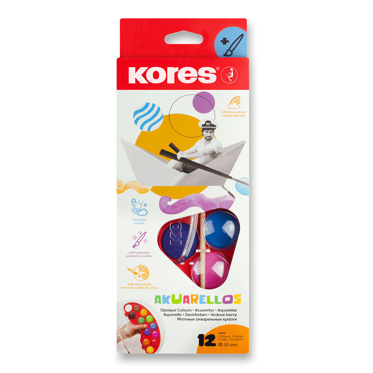 Kores Vodové barvy AKUARELLOS 30 mm x 12 barev  štětec