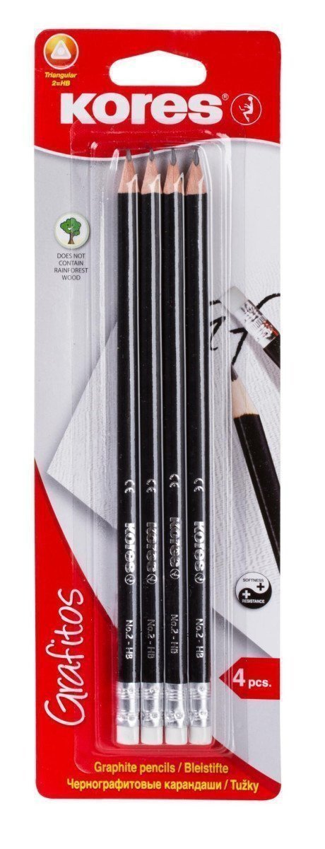 Kores Trojhranná tužka č 2  HB s gumou 4 ks