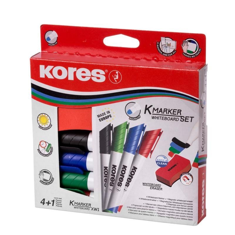 Kores K-MARKER SET 4 ks popisovače na bílé tabule a flipcharty kulatý hrot  stírací magnetická houbička