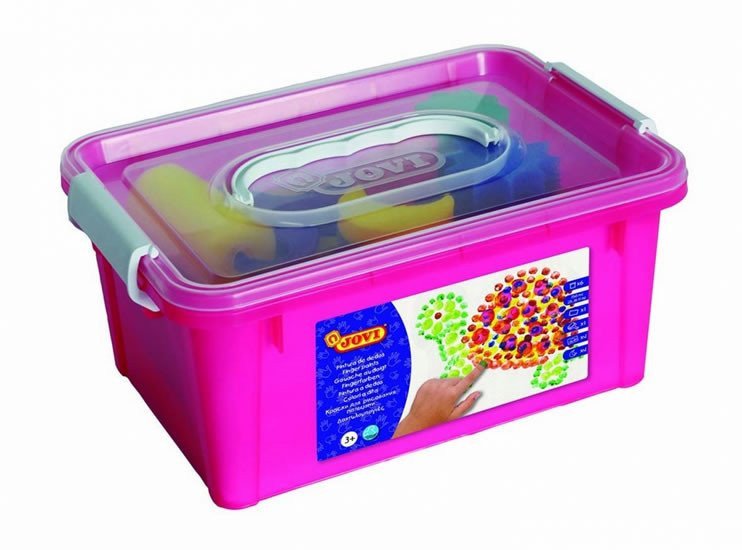 JOVI prstové barvy BOX 6x125ml 4 šablony 4 tlačítka na barvy 1 pěnový váleček podložka