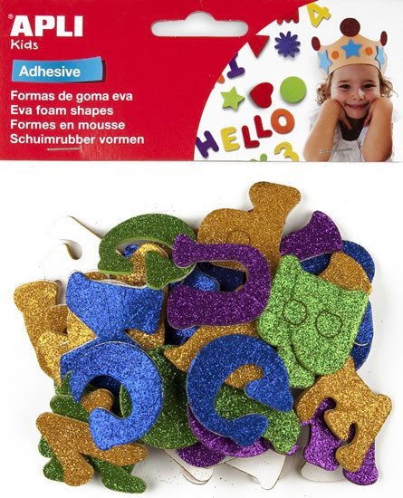 APLI pěnovka tvary - abeceda se třpytkami samolepicí mix velikostí barev 52 ks