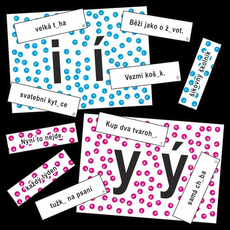 Slabiky měkké a tvrdé - kartičky k procvičení psaní I Í Y Ý po měkkých a tvrdých souhláskách