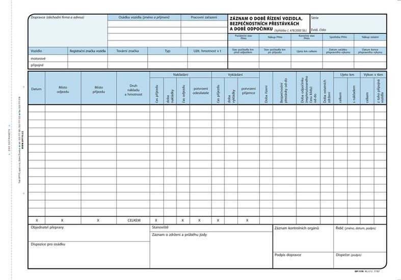 Záznam o době řízení vozidla a bezpečnostních  přestávkách karbon A4 100 listů