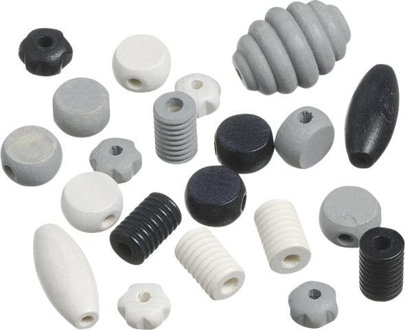 Dřevěné korálky mix různé tvary - bílá černá 20 ks