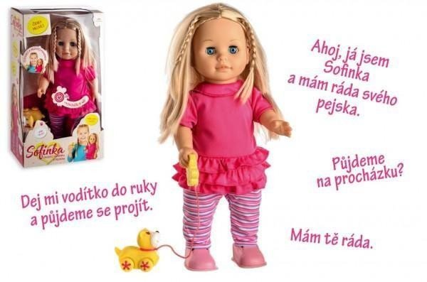 Panenka Sofinka s pejskem chodící a česky mluvící plast 42 cm  na baterie se zvukem v krabici