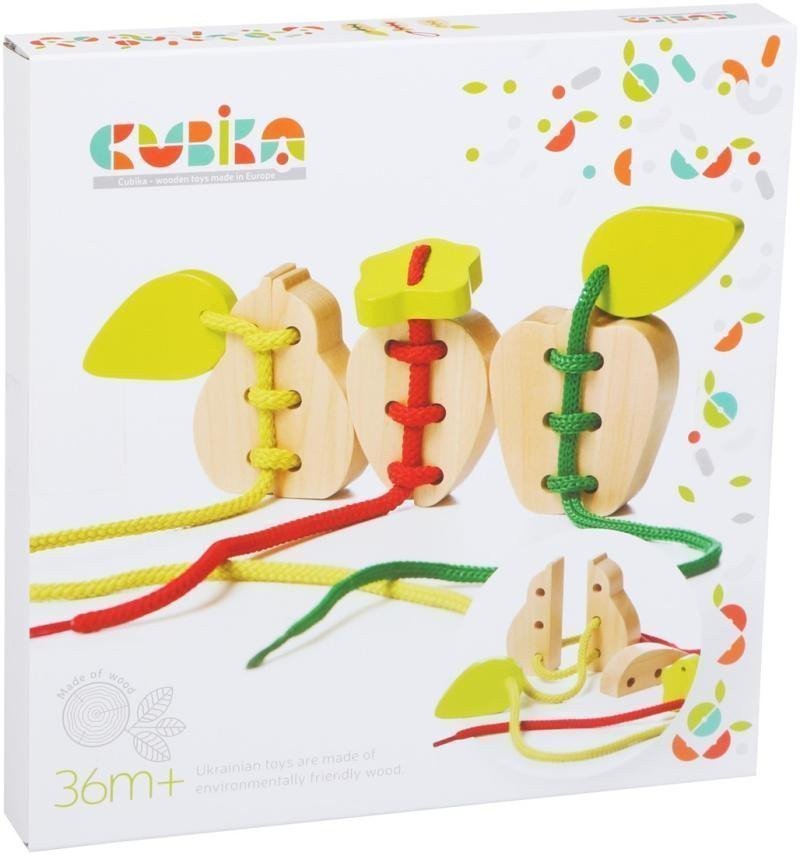 CUBIKA 14811 Provlékačka ovoce - sada 3 dřevěných šněrovacích hraček - 6 dřevěných prvků 3 tkaničky