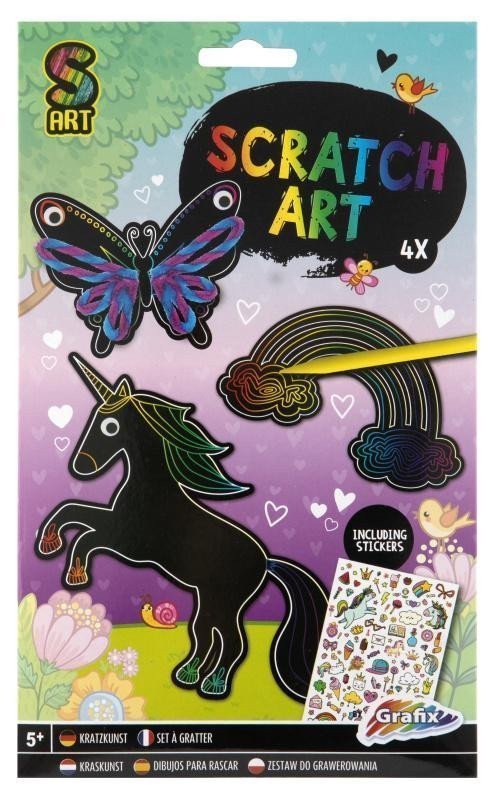 Škrabací obrázky se samolepkami 4ks - mix motivů