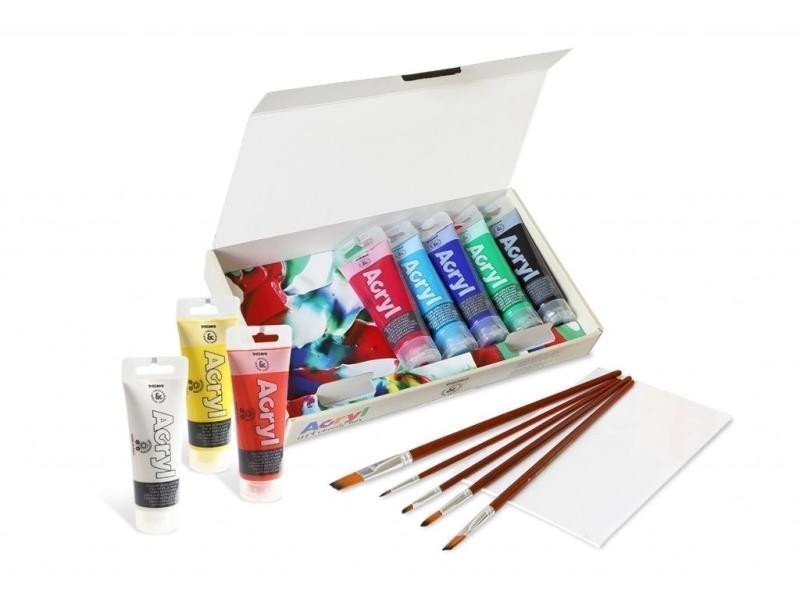 PRIMO Akrylové barvy  sada 8 x 75ml plátno 5 štětců LUX