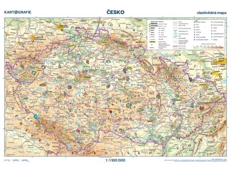 Česko - vlastivědná mapa 1  1 100 000  obrysová mapa  46 x 32 cm