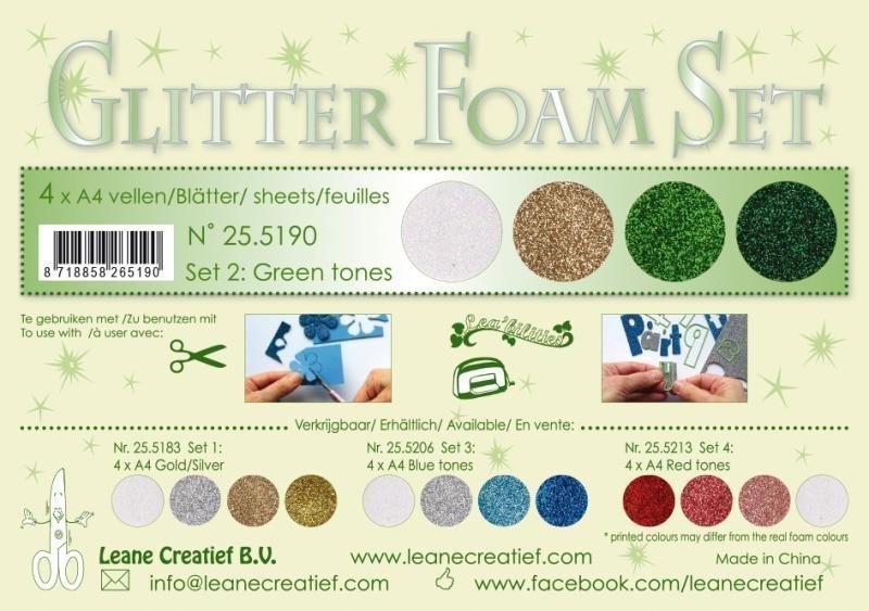 LEANE Speciální pěnová guma na výrobu květin A4 - Glitter zelená bílá zlatá 4 ks