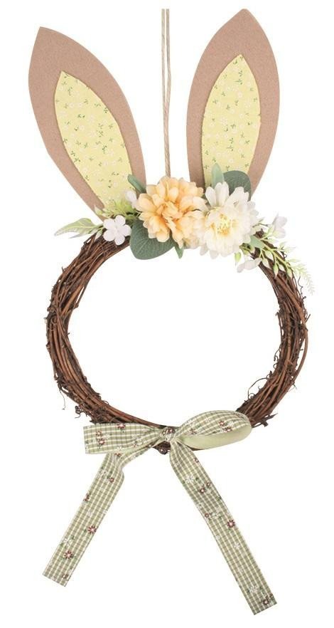 Věnec s filcovýma ušima a mašlí 23 x 42 cm žlutý