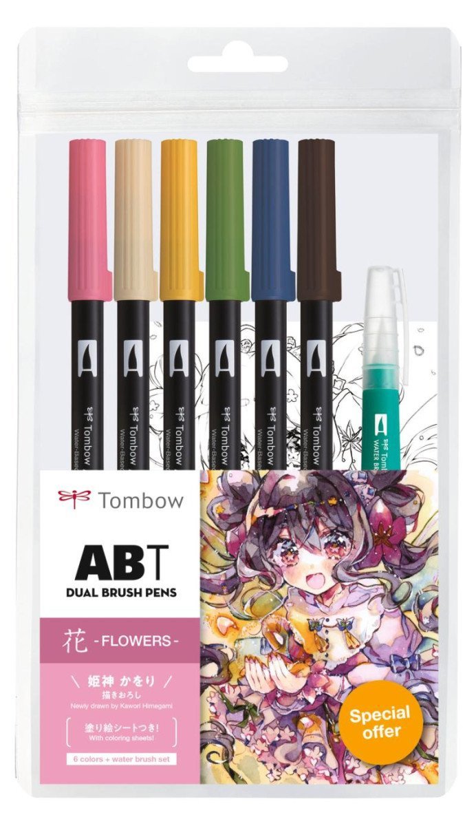 Tombow ABT sada oboustranných fixů Manga Flower 6 ks  vodní štětec