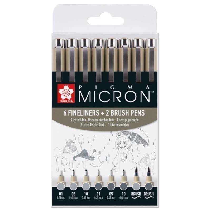 Sakura sada Pigma Micron Fineliners  - 6 šedých technických popisovačů 2 pěnové štětce