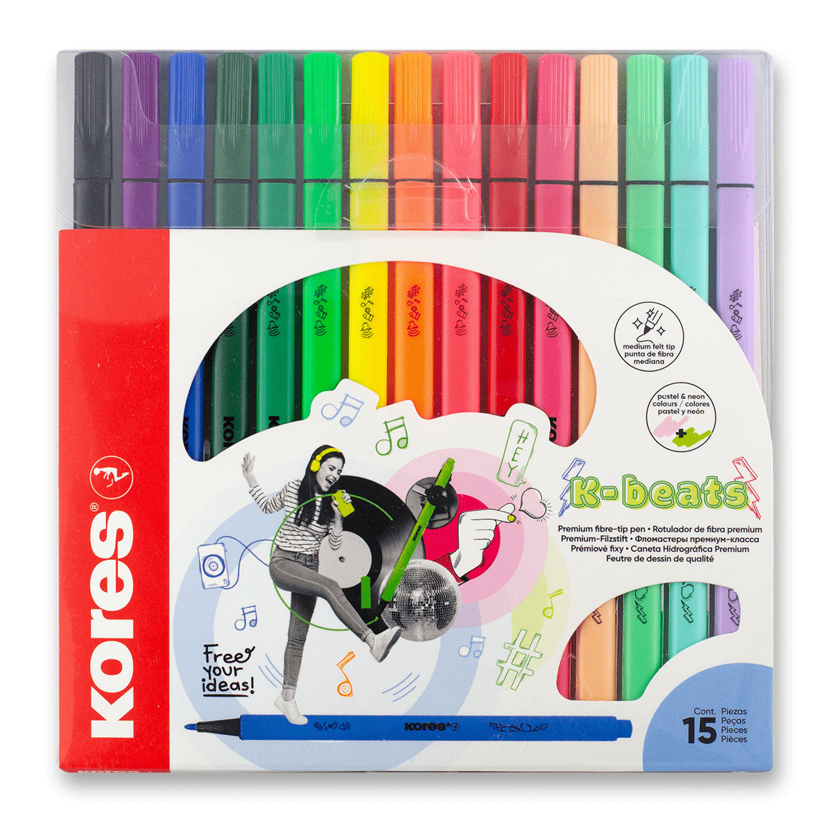 Fixy Kores K-Beats - střední hrot šíře M - 15 barev vč 4 pastelových a 3 neonových
