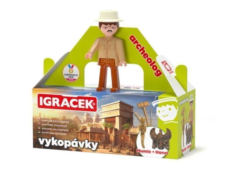 Igráček Archeolog - figurka s egyptskými vykopávkami mumie a sošky boha Hora