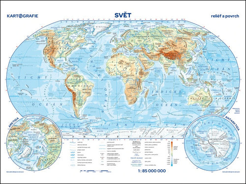 Svět - reliéf a povrch  státy a území - příruční mapa 185 000 000