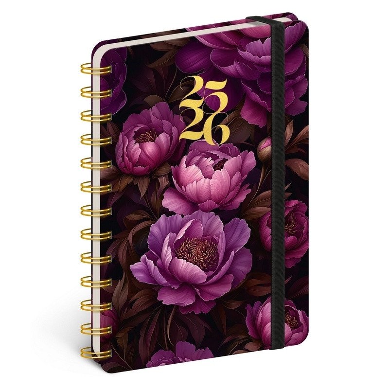 Diář 18měsíční spirálový 20252026 Petito - Fialové květy 13 x 18 cm