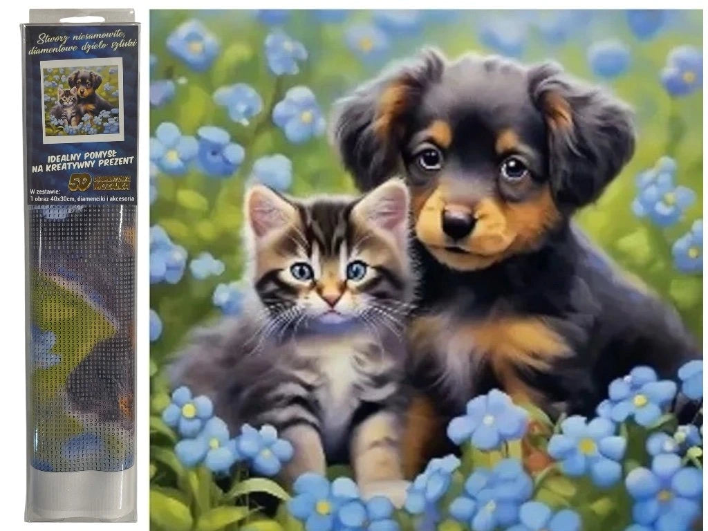 Diamantový obrázek - Kočička a pejsek v pomněnkách 30 x 40 cm