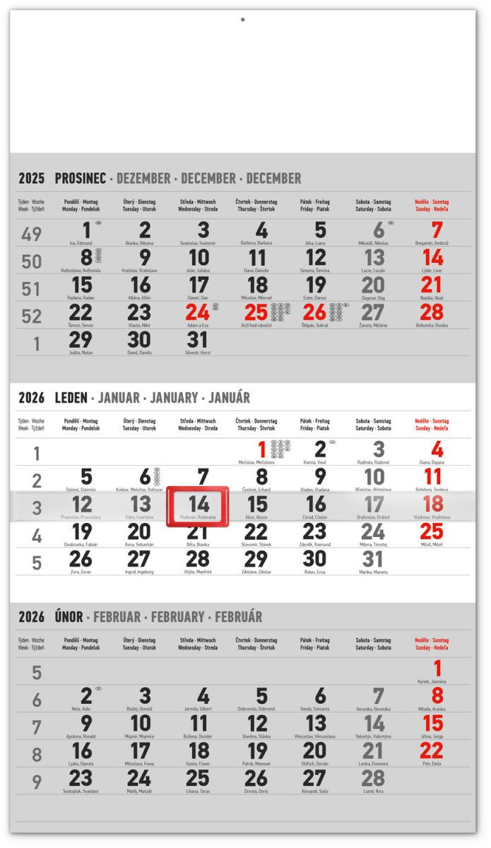 Kalendář 2026 nástěnný 3měsíční standard šedý - s českými jmény 295 x 43 cm