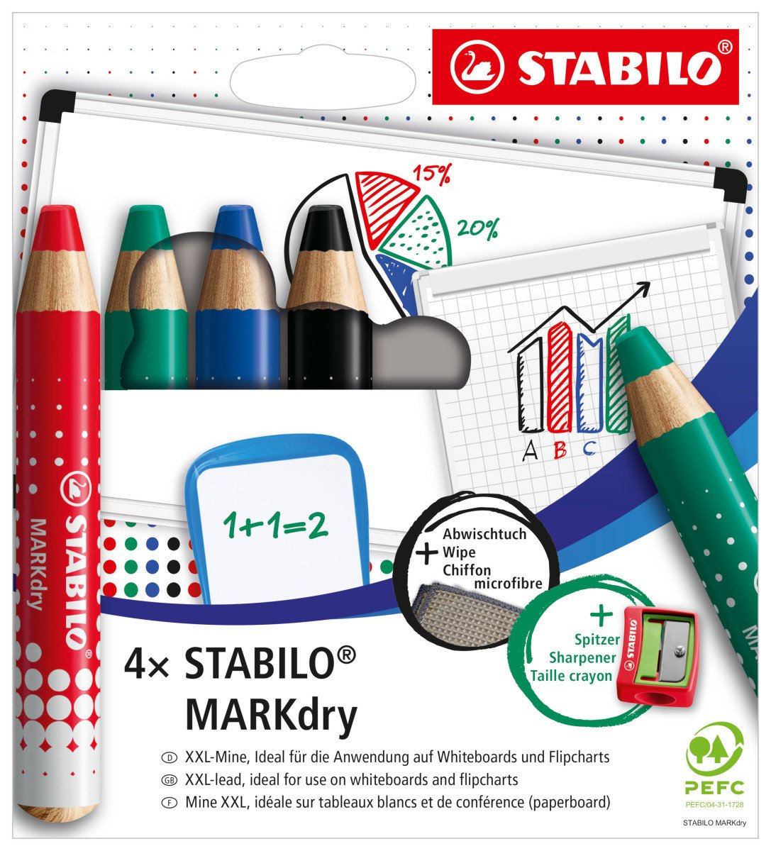 Suchý popisovač na tabuli a flipchart STABILO MARKdry  - sada 4 ks s ořezávátkem a hadříkem
