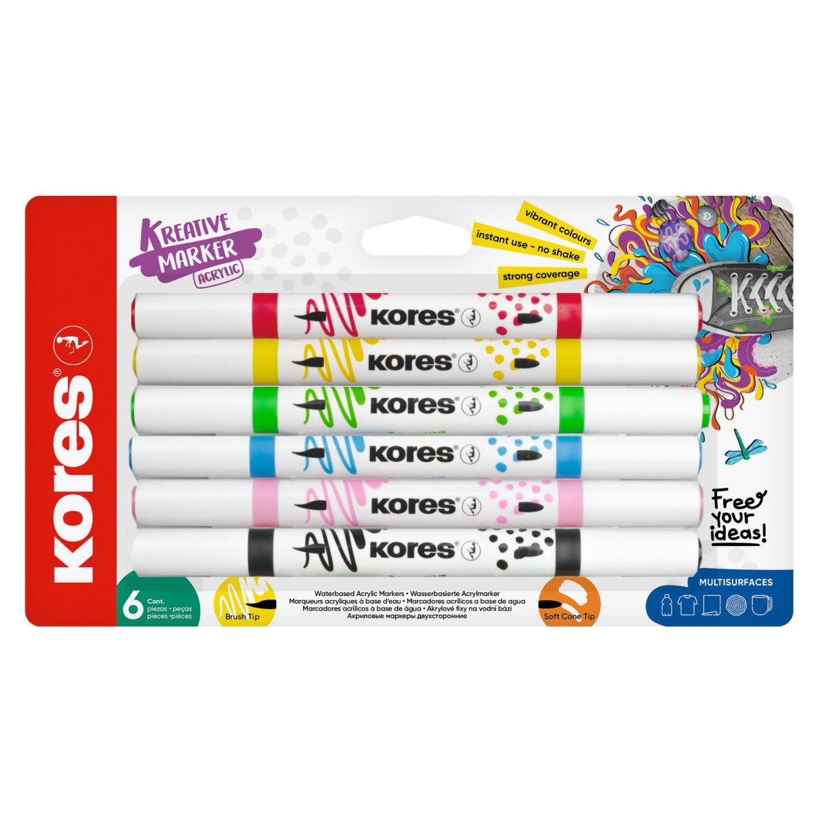 Kores akrylové popisovače oboustranný hrot 2 v 1 - set 6 barev