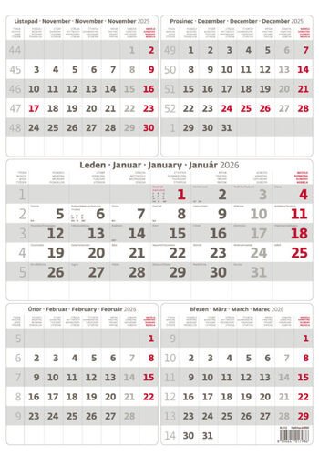 Kalendář nástěnný 2026 - Pětiměsíční šedý