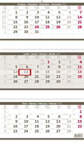 Kalendář nástěnný 2026 - Tříměsíční skládaný šedý