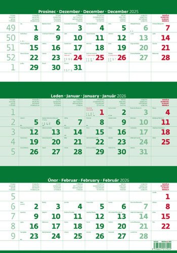 Kalendář nástěnný 2026 - Tříměsíční zelený