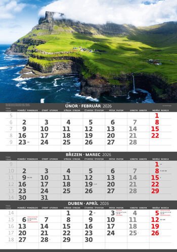 Kalendář nástěnný 2026 - Pobřeží  – 3měsíčníPobrežie – 3mesačné