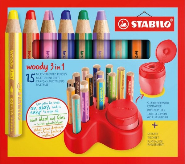 Prémiový stolní set STABILO woody 3 in 1 - sada 15 ks s ořezávátkém