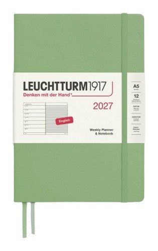Týdenní plánovač & Zápisník Sage, Medium A5 2027, anglicky