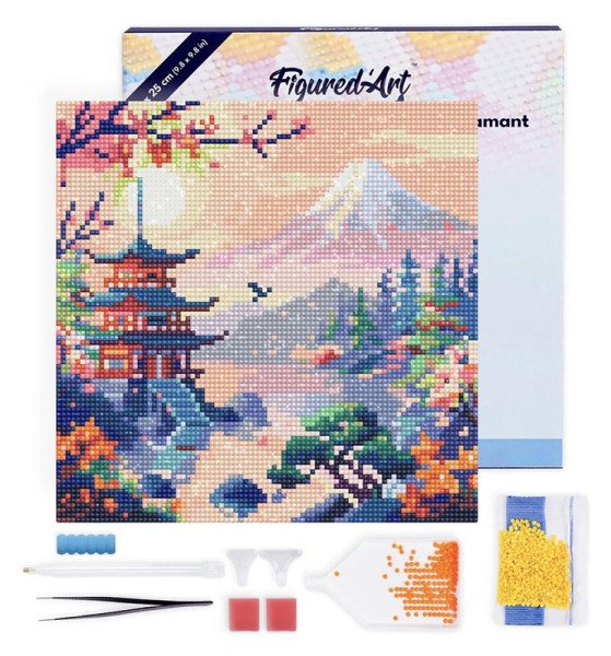 Mini diamantové malování - Pagoda Pod Horou Fuji na rámu 25x25cm