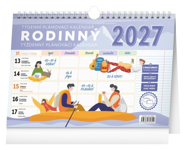 Kalendář 2027 Rodinný, týdenní, plánovací s háčkem, 30 x 21 cm