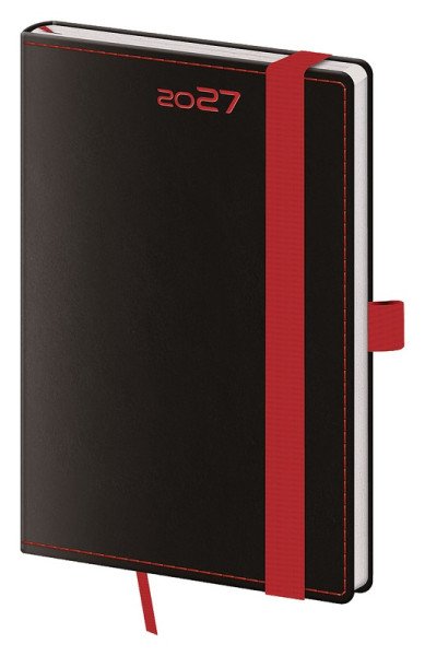 Diář 2027 týdenní kapesní Black Red s poutkem na propisku