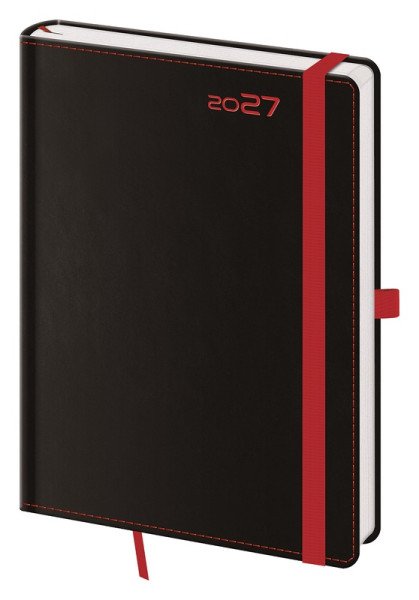 Diář 2027 denní A5 Black Red s poutkem na propisku