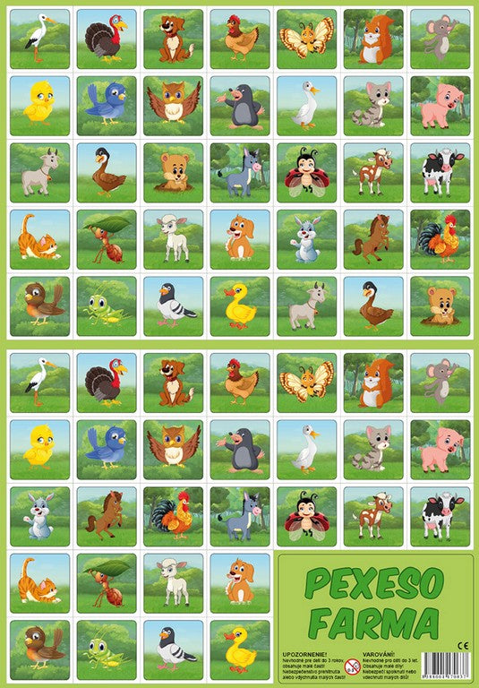 Farm memory game with cartoon animals, 32 pairs