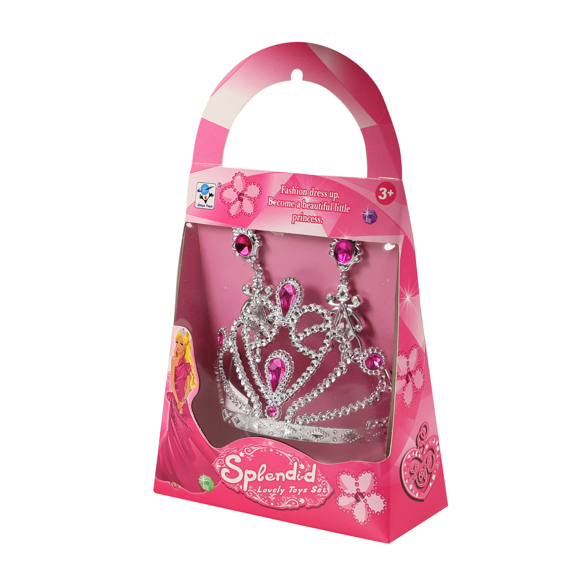 Silver Princess Crown with Earrings and Pink Stones
